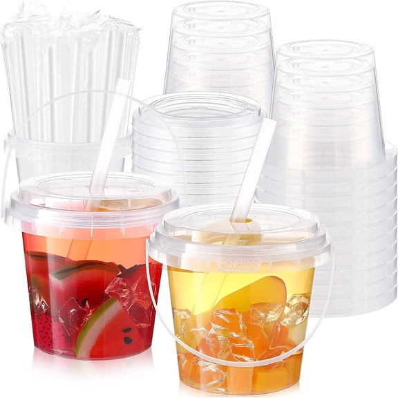 30 Set 24oz Clear Plastic Drink Buckets with Lids and Straws Disposable Iced Coffee Cups Rum Buckets for Cocktail Parties Smoothie Cup Bulk with Handles for Beach Pool Party Supplies