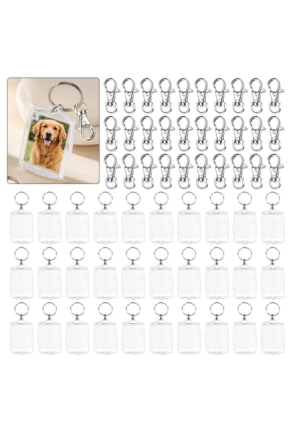 30 Set, Acrylic Photo Frame Keyring & Lobster Claw Clasps,2.16" x 1.5" Personalized Keychains,Clear Blank Picture Keychain Making Kit for Gift Artwork