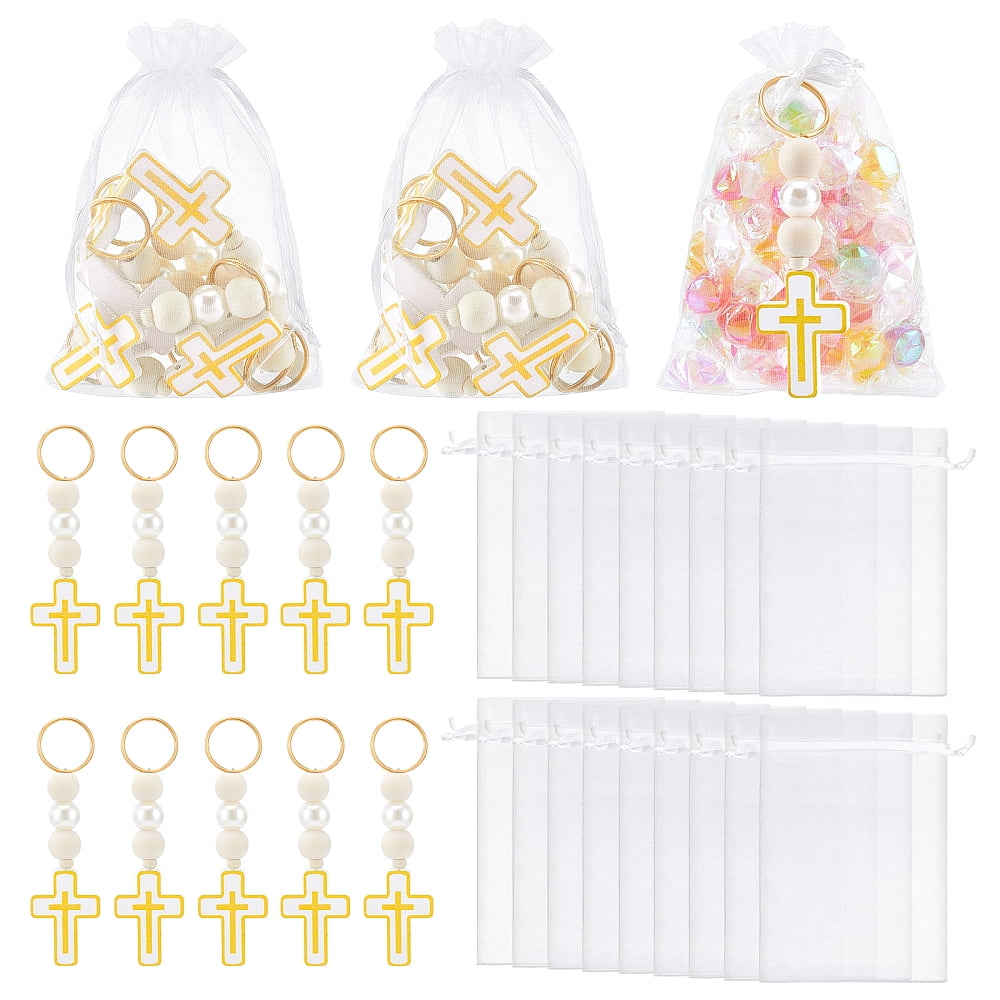 30 Set Baptism Keychain Favors Rosary Beads with Keychain Women Christian Keyring with Organza Bag Christening Baptism First Communion Gifts