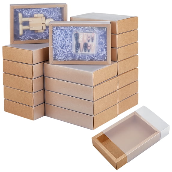 30 Set Brown Kraft Drawer Gift Box Paper Storage Organizers with Translucent Plastic Sliding Lid