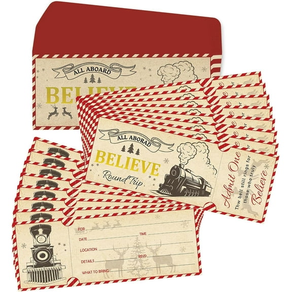 30 Set Christmas Polar Believe Ticket Invitations Letters with Envelopes 3x8 Inch-Bulk North Pole Train Tickets