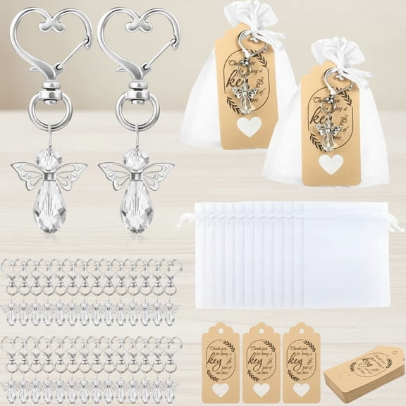 30 Set of Crystal White Angel Design Keychain Favors Set, Angel Wing Pendant with Thank You Tags Drawstring Organza Bag Guest Return Gifts for Baptism Favors, Baby Shower