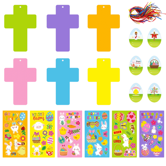 30 Set Easter Cross Craft Kit - 120pcs DIY Christian Religious Cross Foam Stickers Hangnig Ornament, Easter Arts and Crafts for Spring Party Supplies Easter Decoration
