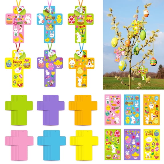 30 Set Easter Cross Suncatcher Craft Kit DIY Christian Religious Cross Tissue Paper Craft Kit for Easter Holiday Activities Sunday School Window Art
