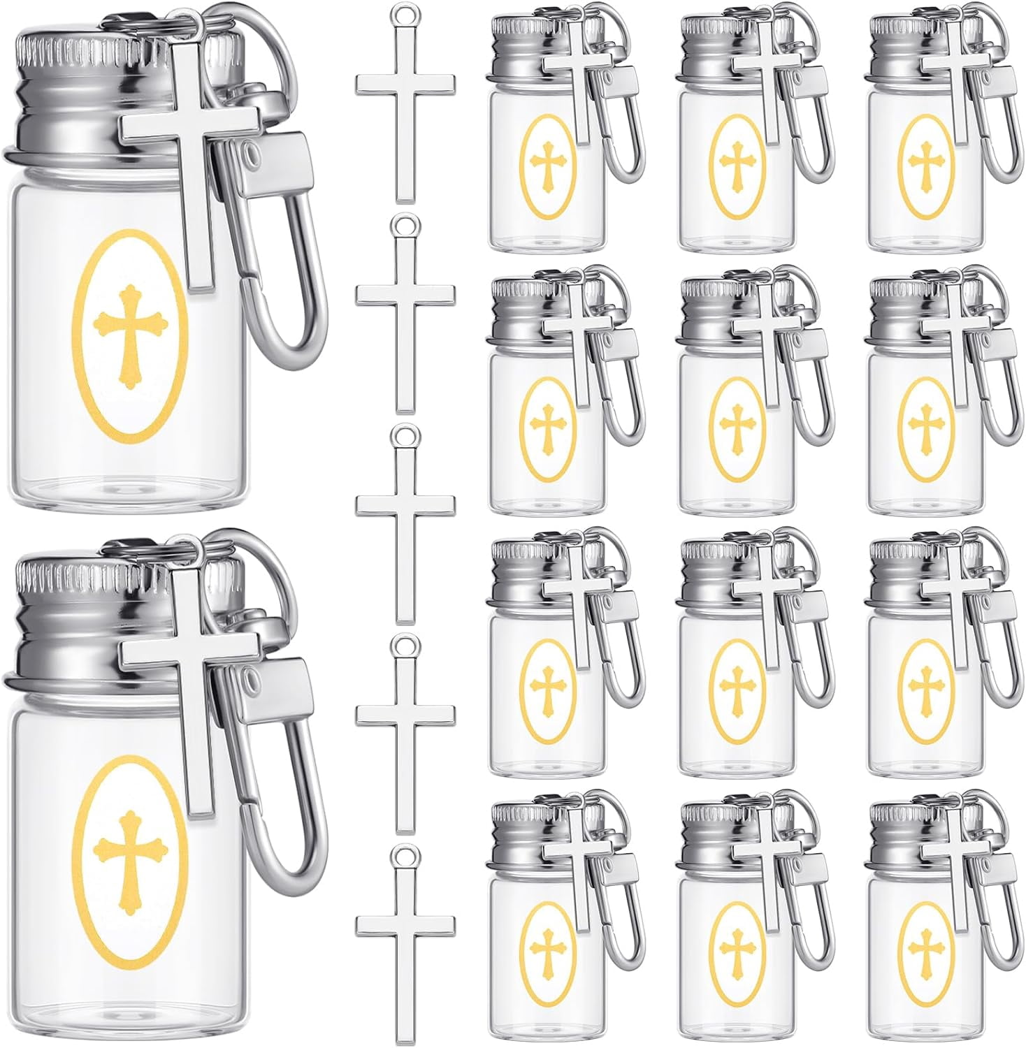 30 Set Holy Water Bottle Keychain Baptism Favor for Guests Agua Bendita Holy Water Container 7ml Vial Crucifix and Sticker for Catholic Christian First Communion Gift Church Wedding(Silver)