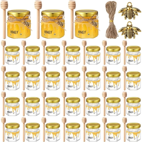 30 Set Mini Glass Honey Jars 1.5 oz Honey Jars Party Favors Bulk with Dipper and Gold Lid, Bee Pendant, and Silk Ribbon for Guests Wedding Baby Shower Favors Gifts