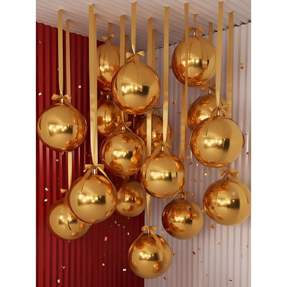30 Set Round Foil Balloons Bulk 22 Inch 4d Metallic Giant Balloons Set with Satin Bows Ribbon for Ceiling Holiday Ornaments New Year Birthday Wedding Party Decoration(Gold)