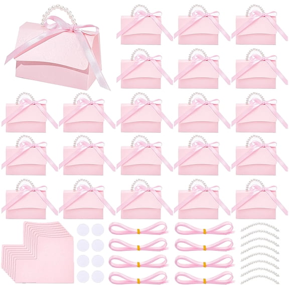 30 Set Wedding Favors Box DIY Set Pink Kraft Paper Box with Pearl Handle Ribbons Stickers Gift Boxes