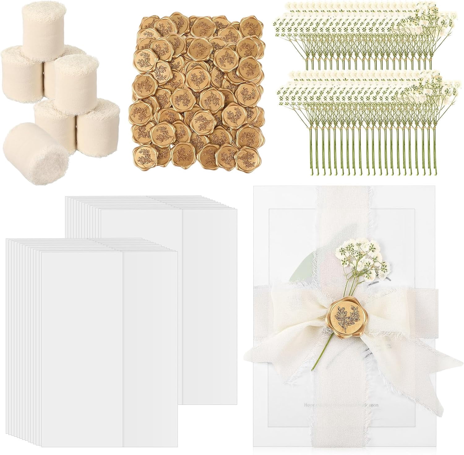 30 Set Wedding Invitations Wraps Set Pre Folded Vellum Jackets for 5 x 7 Invitations Self Adhesive Gold Wax Seal Stickers Dried Baby's Breath Flowers Chiffon Silk Ribbon for Craft DIY