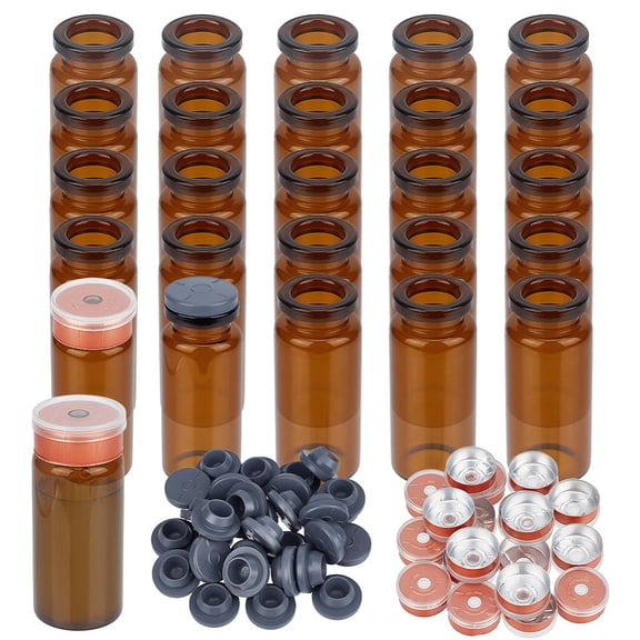 30 Sets 10ml Brown Sealed Sample Vials Glass Sample Vials with Rubber Stopper and Plastic Aluminum Top Caps Glass Lab Sample Vials Glass