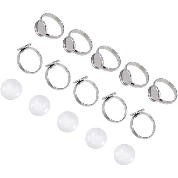30 Sets 10mm DIY Adjustable Ring Making Kits Stainless Steel Adjustable Finger Rings Components with Transparent Glass CabochonsTray Flat Round Finger Rings Components Findings
