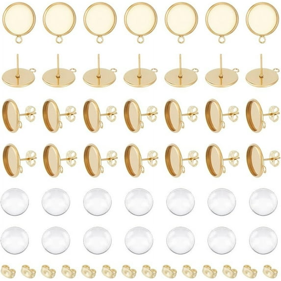 30 Sets 12mm Tray Flat Round Cabochon Stud Earring Sets Stainless Steel Blank Stud Earring with Loop Metal DIY Earring Accessories Blank Earring Bezel Tray for DIY Jewelry Making DIY
