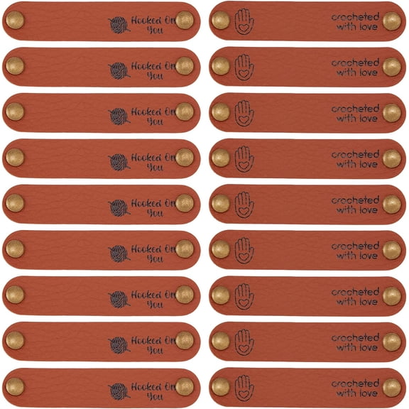 30 Sets 2 Styles Hand Made Embossed Tag PU Leather Label with Pattern 2 Rivet 0.5x2.6 inch Brown Leather Tag Button Oval Crocheted with Love/Hooked on You Tags for Jeans Bag Shoes Hat diy