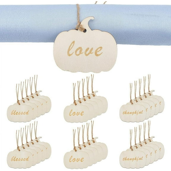 30 Sets 3 Style Napkin Rings Tags Pumpkin Tags with Words Thanksgiving Theme Napkin Rings with Wood Pendant Decoration