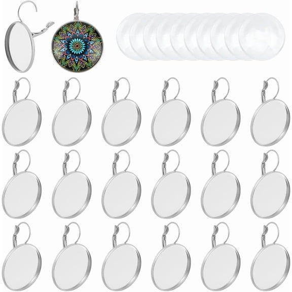 30 Sets 304 Stainless Steel Leverback Earring Hooks Settings 25mm Tray Flat Round Earring with Glass Cabochons DIY Blank Dome Earring Making Kit for Dangle Earring Jewelry Making Silver