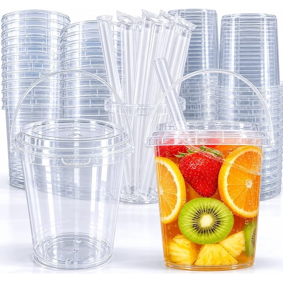 30 Sets 34 oz Drink Buckets with Lids and Straws, Reusable Clear Plastic Party Cups Disposable iced Coffee Cups with lids,for Iced Smoothies, Milkshakes, lids for Lemonade, Pool and Beach Parties