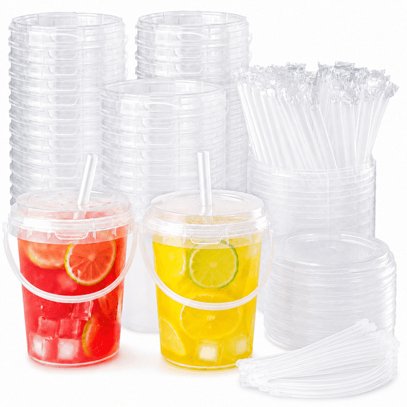 30 Sets - 34 oz Plastic Cups with Lid and Straw,Disposable Coffee Cups with Lids for Iced Coffee,Smoothie,Milkshake,Cold & Hot Drinks, Sturdy/Food Safe/Reusable Clear Party Cups for Pool, Beach Party