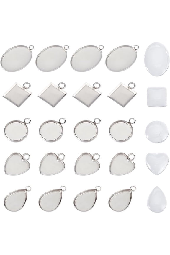 30 Sets 5 Styles Cabochon Pendant Settings 304 Stainless Steel Blank Bezel Pendant Trays Oval Teardrop Heart Flat Round Square Base Cabochon Charm with Glass Cabochons for Jewelry Making