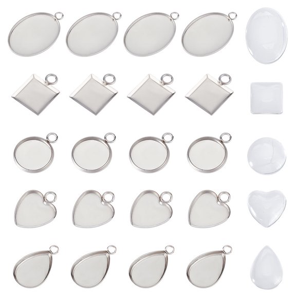 30 Sets 5 Styles Pendant Settings - 304 Stainless Steel Blank Bezel Pendant Trays - Oval Teardrop Heart Flat Round Square Base Cabochon Charm with Glass Cabochons