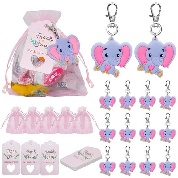 30 Sets Baby Shower, Guests Return Gifts Baby Shower Decorations,Including Kids Elephant Keychains, Drawstring Bags and Thank You Tags