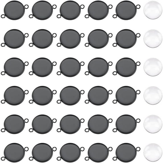 30 Sets Black Cabochon Pendants Stainless Steel Cabochon Connectors Blanks Bezel Pendant Trays Cabochon Settings with Glass Cabochon 14mm Bracelet Connector for DIY Jewelry Making