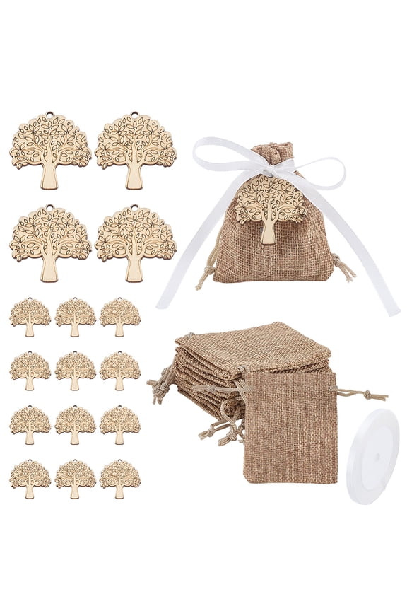 30 Sets Communion Favor Bags 3.5x2.7inch Drawstring Burlap Pouches with Tree of Life Charm Baptism Party Gift Small Jewelry Bags