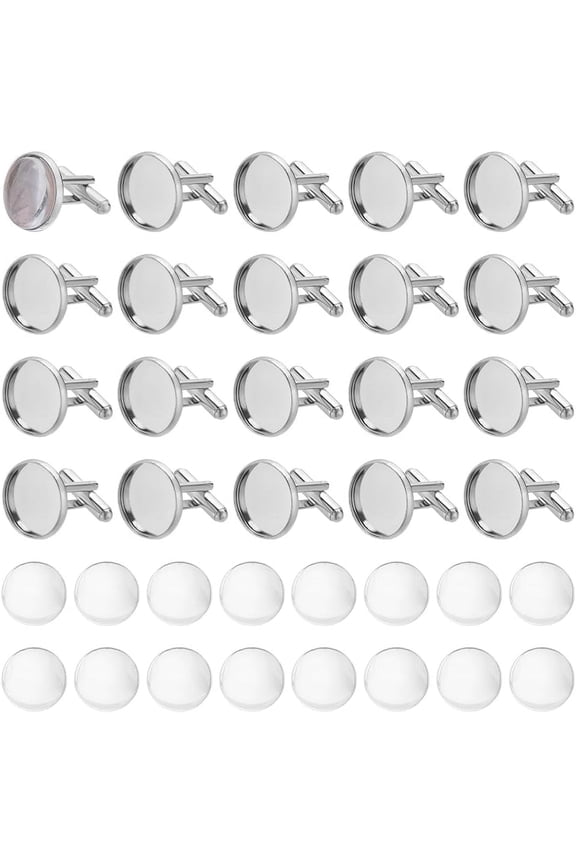 30 Sets Cufflinks Settings Blank Cufflinks Bulk Brass Cufflink Kit with Cabochon Button Cabochons Tray with Dome Cuff Button