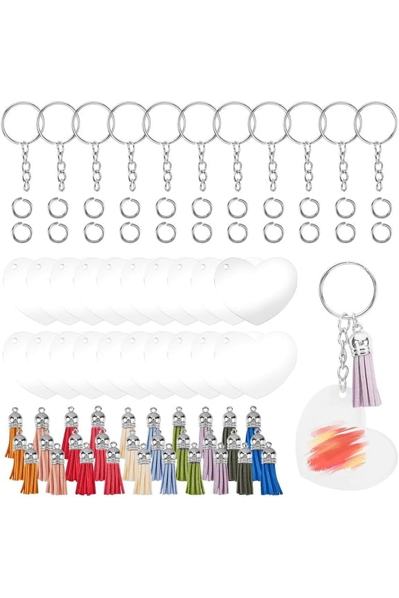 30 Sets DIY Keychain Making Kit Heart Keychain Blanks Acrylic Keychain Blank with Tassel Key Component Accessories for Jewelry Making Supplies DIY Key Chains Vinyl Crafting Mixed ColorDIY