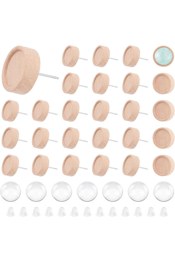 30 Sets Earring Studs Maple Wood Stud Earrings Cabochon DIY Blank Dome Stud Earring Making Kit Burlywood Stud Earring Making Accessories with Cabochons