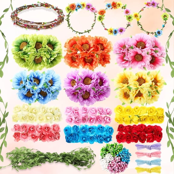 30 Sets Flower Crowns Making Kit, Make Your Own Flower Crown Wreath Garland Headbands and Bracelets Craft Kit  DIY Floral Hair Accessories  for Women(Azalea)