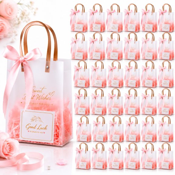 30 Sets Frosted Transparent Gift Bags with Handles, Pink PVC Gift Tote Bags with Bow Ribbon and Blessing Cards, Reusable Gift Packaging Bags for Wedding, Birthday, Bridal Party and Holiday Gifts