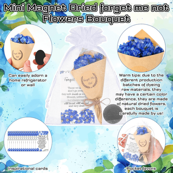 30 Sets Funeral Favors for Guest Forget Me Not Dried Flowers Bouquets Mini Magnet Dried Flower Bouquets with Cards and Organza Bags Celebration of Life Favors for Sympathy Gifts