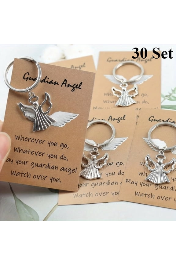 30 Sets Guardian Angel Keychain Party Favor with Wish Card, Silver Charms Bulk Inspirational Religious Gifts for Church Guests, Memorial Keepsakes Baptism Confirmation Souvenirs Appreciation