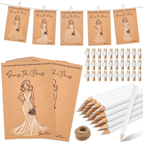 30 Sets Guess The Dress Bridal Shower Game for Guest Includes Cards Pencils Heart Clips and Rope Fun Wedding Party Decoration Game Idea