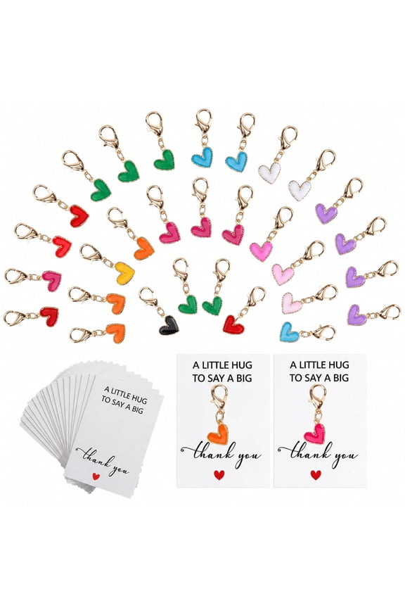 30 Sets Heart Keychain with Thank You Cards, Pocket Hug Gift Set, Colorful Alloy Heart Charms with Lobster Clasp, Appreciation Gifts for Coworkers Friends Teachers & Birthday Wedding Graduation