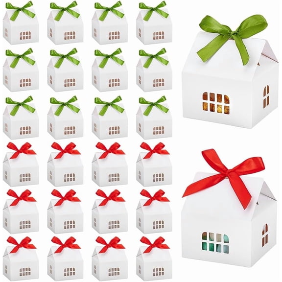 30 Sets House Shaped Gift Boxes 3.5 x 3.5 x 2.3 Inche Kraft Paper Boxes with Ribbons Cookie Bakery Box Cardboard Treat Box