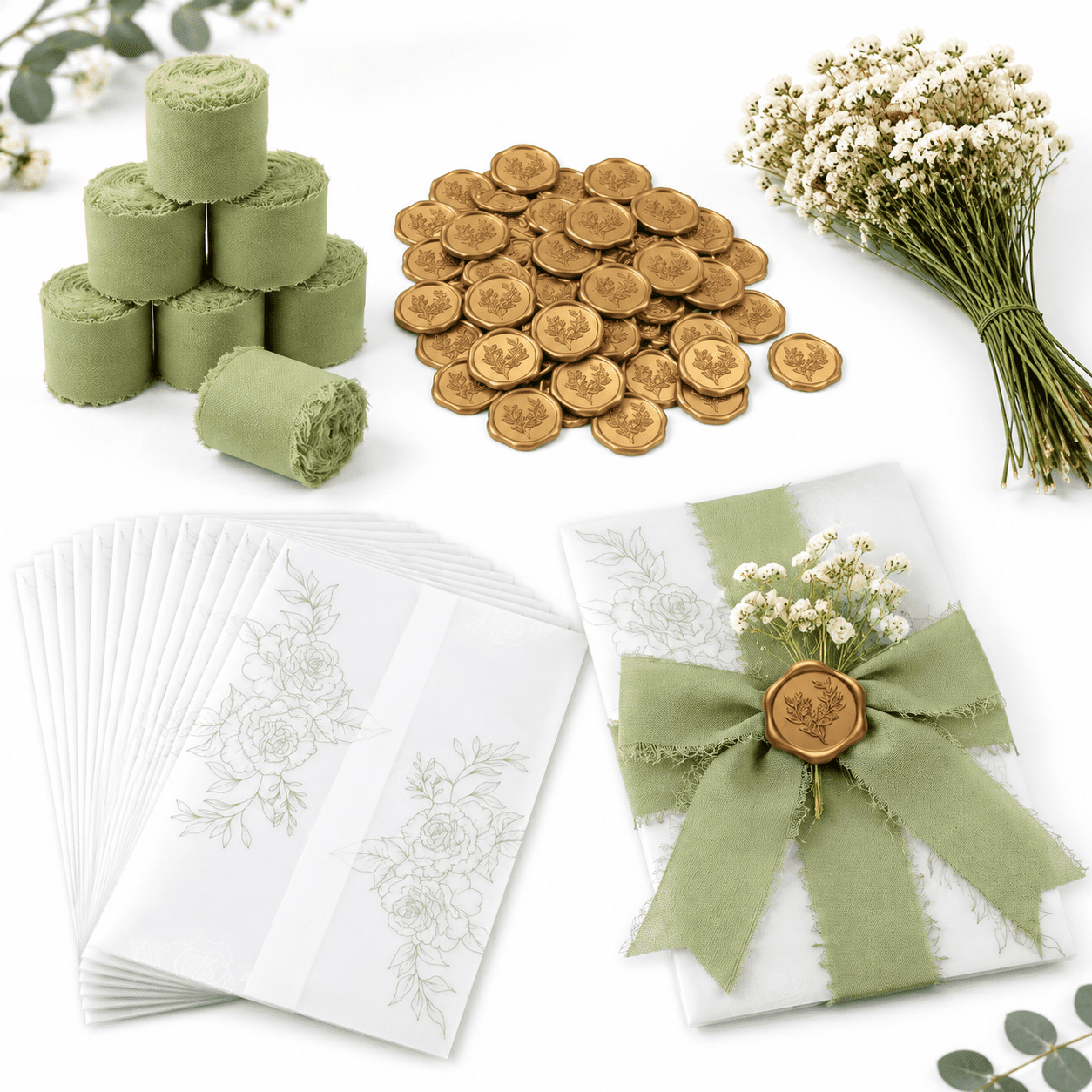 30 Sets Light Green Wedding Invitation Wraps for 5x7 Invitations with ...