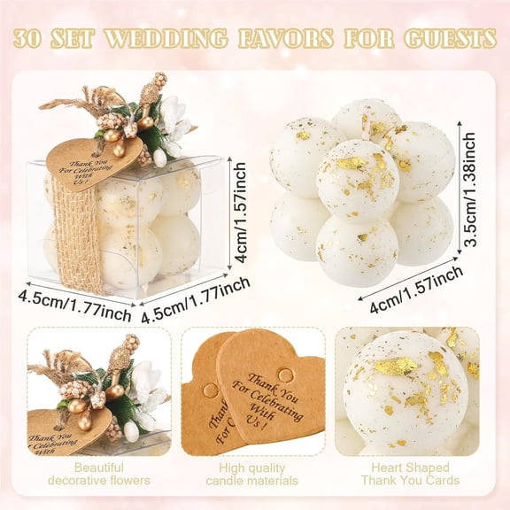 30 Sets Mini Bubble Candles Wedding Favors Gifts for Guests 1.57" x 1.38" Bubble Candles with Cards Dried Flowers Gift Set for Baptism Party Bridal Shower Thank You Gifts (Gold Foil)