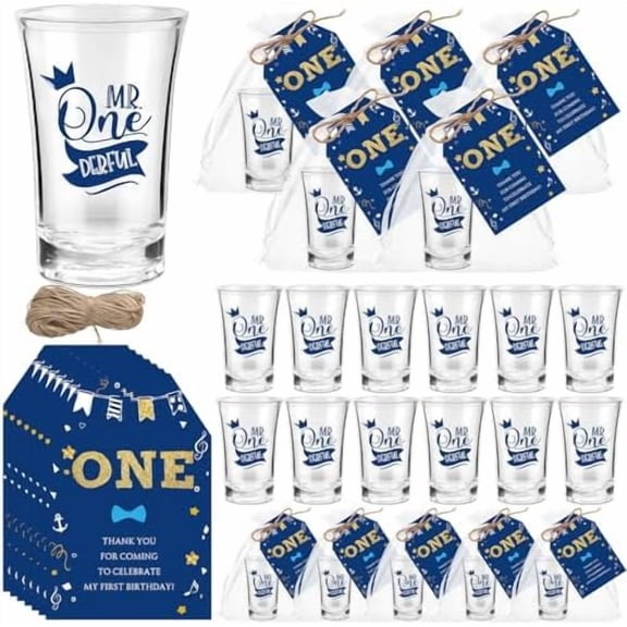 30 Sets Mr Onederful Acrylic Shot Glasses with Thank You Tags and Bags - First Birthday Party Favors for Boy's 1st Birthday Party Guests