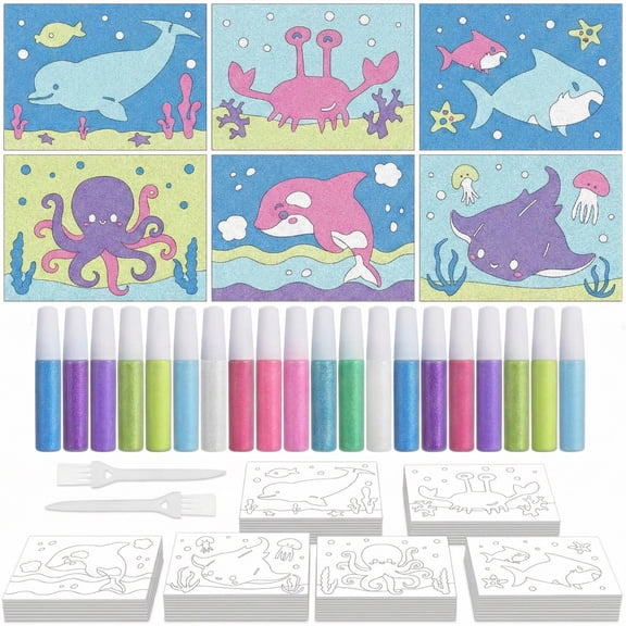 30 Sets Ocean Animal Sand Art Kits for Kids, DIY Sand Painting Craft Set with 20 Bottles of Sand & 6 Designs Ocean Theme Arts and Crafts for Kids Birthday Party Activities Classroom Projects Ages 3+