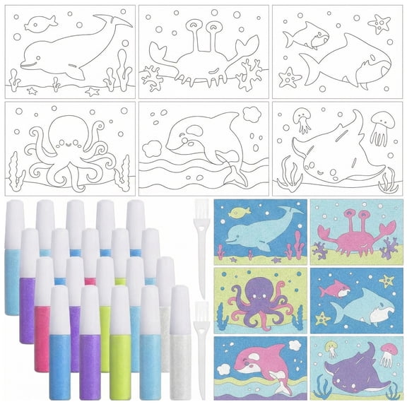 30 Sets Ocean Animal Sand Art Kits for Kids, DIY Sand Painting Craft Set with 20 Bottles of Sand & 6 Designs, Ocean Theme Arts and Crafts for Kids, Classroom Activities, Ages 3+