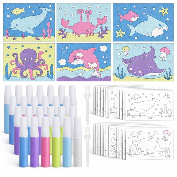 30 Sets Ocean Animal Sand Art Kits for Kids, DIY Sand Painting Craft Set with 20 Bottles of Sand & 6 Designs, Ocean Theme Arts and Crafts for Kids, Classroom Activities, Ages 3+