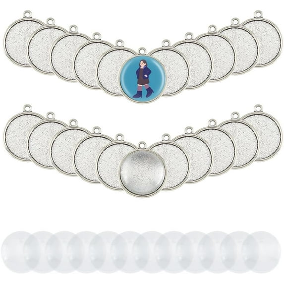30 Sets Pendant Tray Kit Alloy Blank Bezel Set Including 30Pcs Antique Silver Pendant Trays Flat Round Bezels and 30Pcs Transparent Glass Cabochons for DIY Memory Charms Jewelry Making DIY