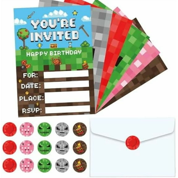 30 Sets Pixel Birthday Party Invitations with Envelopes Sticker Video Game Party Invitations Invites Card for Kids Boys Pixel Theme Favors