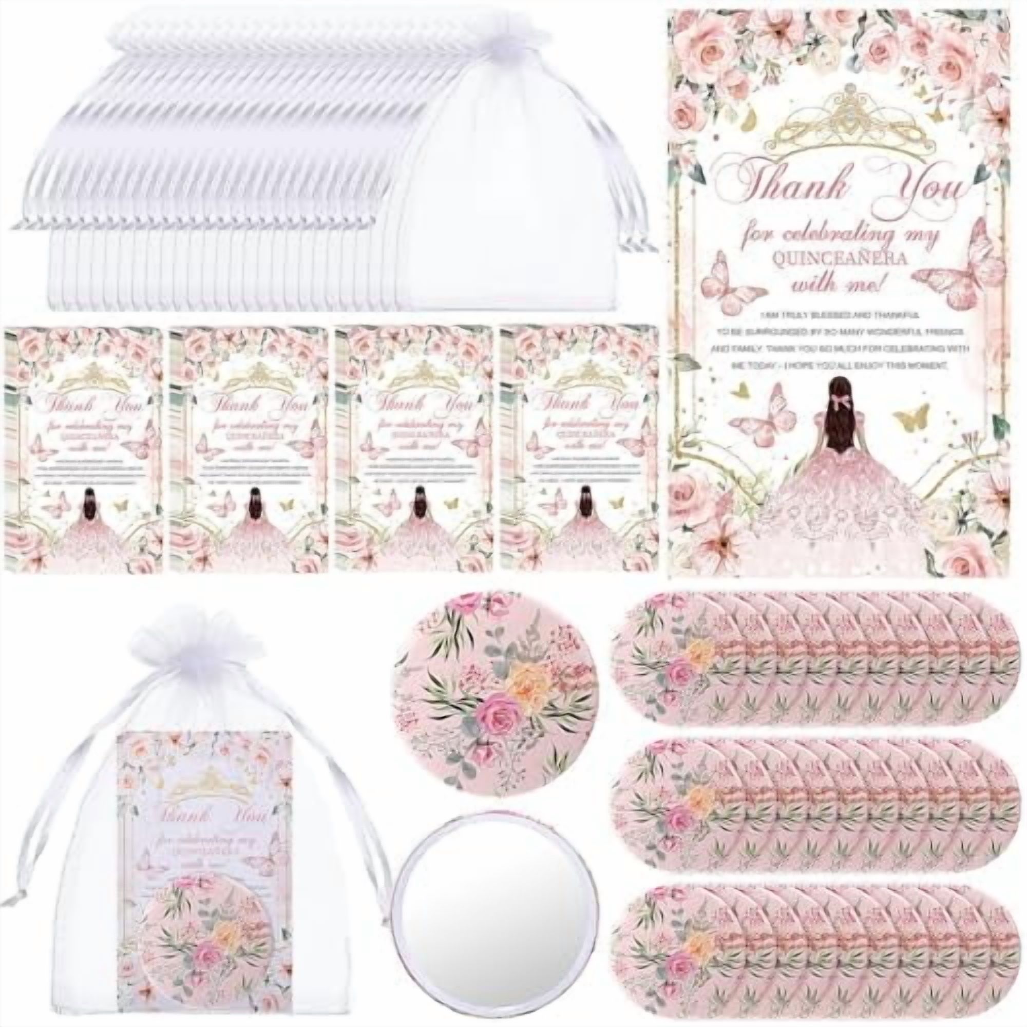 30 Sets Quinceanera Party Favors for Guests Floral Design Compact Pocket Mirrors Thank You Cards Organza Bags Wedding Decoration Sweet 15 Birthday Party Gift for Bridal Souvenir