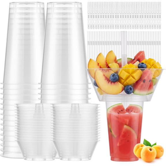 30 Sets Snack and Drink Cup, Disposable Plastic Cup with Snack Bowl on Top Includes 30 Cups, 30 Bowls,30 Straws, 60 Forks for Party, Stadium, Patron and Movie Night