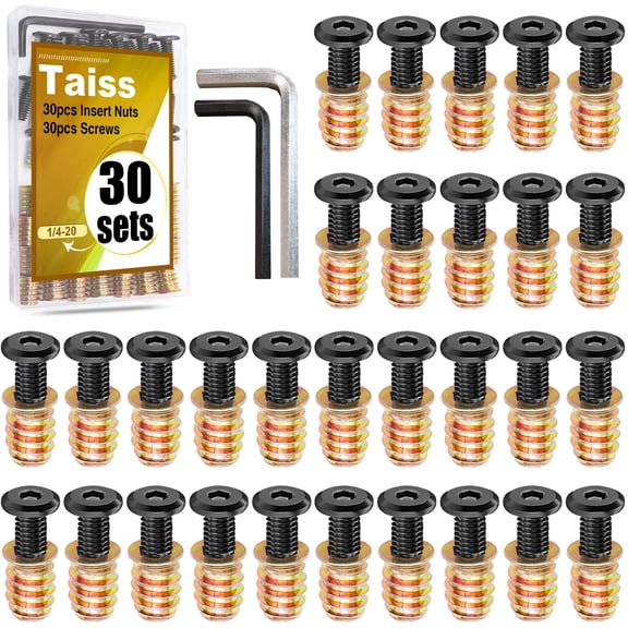 30 Sets Threaded Inserts for Wood Furniture Screws 1/4-20 x 3/4",1/4-20 x 19/32" Nut Threaded Wood Inserts Bolt Fastener Connector Hex Socket Drive Screw-in Nuts with Hex Spanner