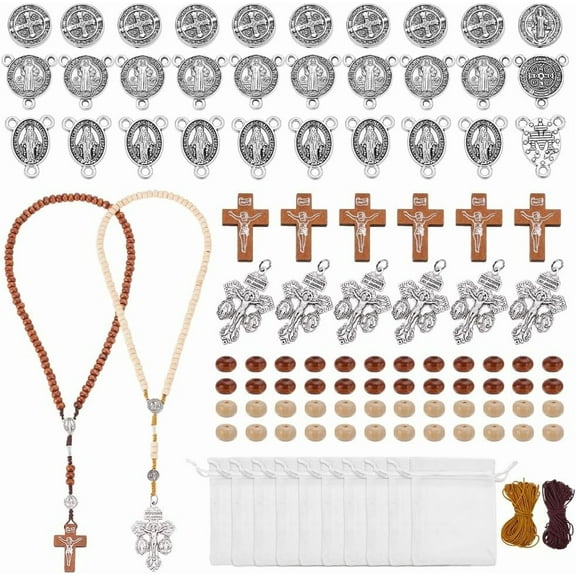 30 Sets Wooden Beads Jewelry Making Kit DIY Pardon Crucifix Necklace Bulk Handmade Prayer 20 Yards Bead Rope 700Pcs Wood Beads