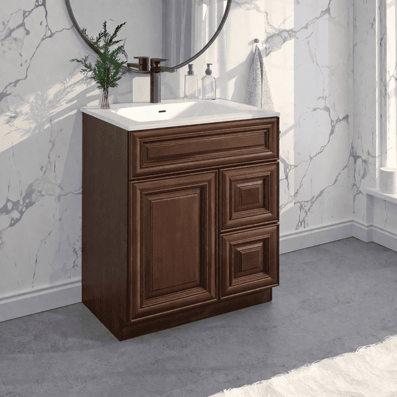 30" Shaker Bathroom Vanity Sink Base with Drawers (Ready-to-Assemble), Maple Walnut Vanity Base