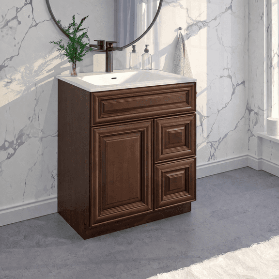 30" Shaker Bathroom Vanity Sink Base with Drawers (Ready-to-Assemble), Maple Walnut Vanity Base